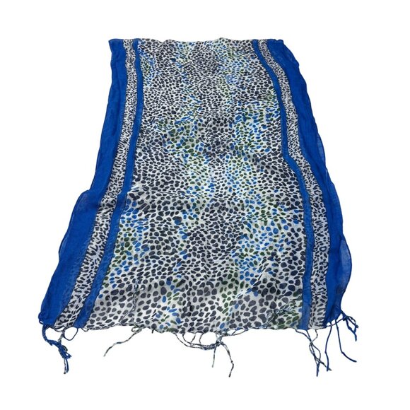 Lightweight Blue & Green Animal Print Sheer Scarf/Shawl With Fringe - Picture 4 of 8